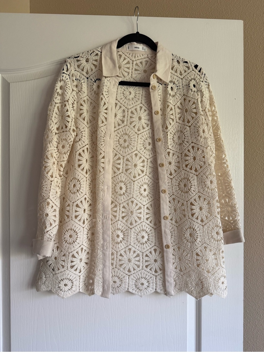 Mango Crochet Button-Front Shirt Jacket in Cream